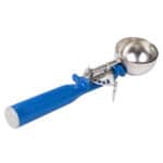 Ice cream scoop with blue handle and stainless steel bowl, ideal for professional food service and dessert preparation. Perfect for cafes, restaurants, and catering needs.