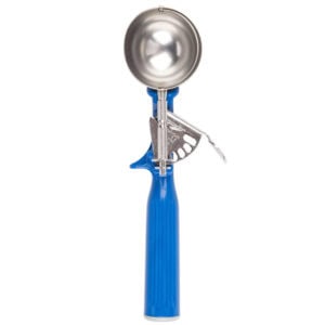 Cleaning ice cream scoop with durable blue handle, perfect for commercial and professional use in food service.