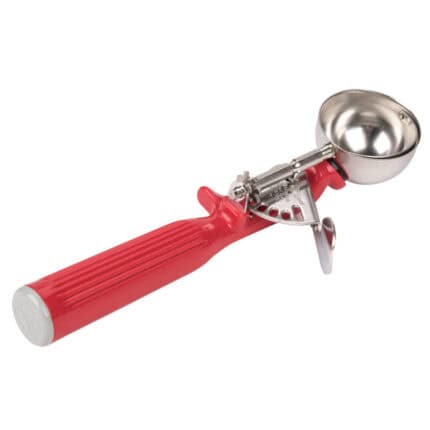 Ice cream scooper with red handle and stainless steel bowl for efficient dessert serving.