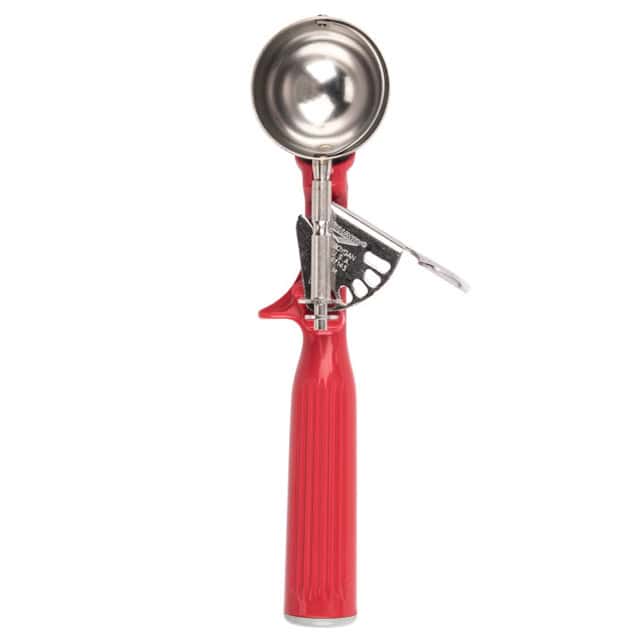 0055378_2.jpg Utensil scooper with red handle and metal scoop for food service, used for efficient and hygienic portioning in commercial kitchens and food establishments.