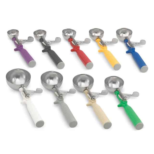0055378_3.jpg Multicolor ice cream scoop set with stainless steel bowls and ergonomic handles for efficient ice serving and kitchen use. Perfect for catering, baking, and dessert presentation.
