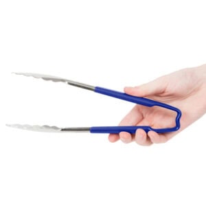 Metal tongs with blue handle for food service or hygiene purposes, held by a person.