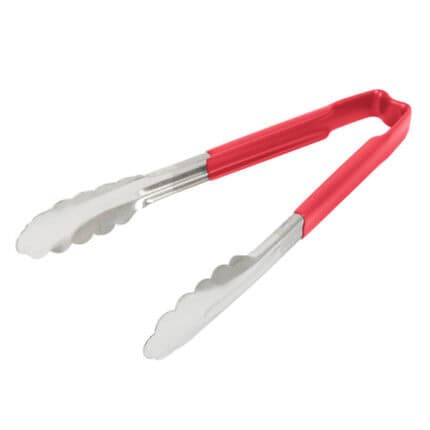 Stainless steel tongs with red silicone-coated handles for hygiene and durability in food service and medical settings.