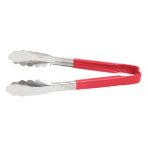 Stainless steel kitchen tongs with red silicone handles, ideal for food handling and cooking, promoting hygiene and safety in kitchens.