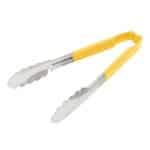Stainless steel and yellow plastic tongs for hygienic food handling and sanitation in commercial kitchens.