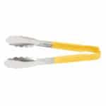 Stainless steel and yellow plastic-handled tongs for food service and hygiene use, product photography.