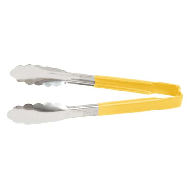 0055394_2.jpg Stainless steel and yellow plastic-handled tongs for food service and hygiene use, product photography.