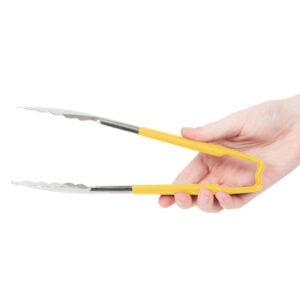 Tongs with yellow handle for food serving and hygiene purposes, ideal for safe and sanitary food handling.