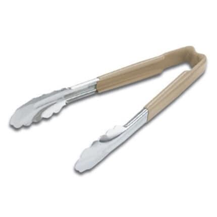 Stainless steel and beige plastic tongs for hygiene and food handling, suitable for commercial kitchens and food service industries.