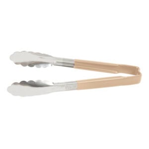 Stainless steel tong with silicone tips for hygienic food handling and kitchen use. Durable, heat-resistant utensil suitable for cooking, serving, and food prep.