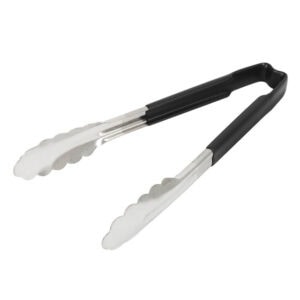 Tongs for food handling and serving, black and transparent handles, commercial kitchen utensils, hygienic food contact tools for restaurants and catering.