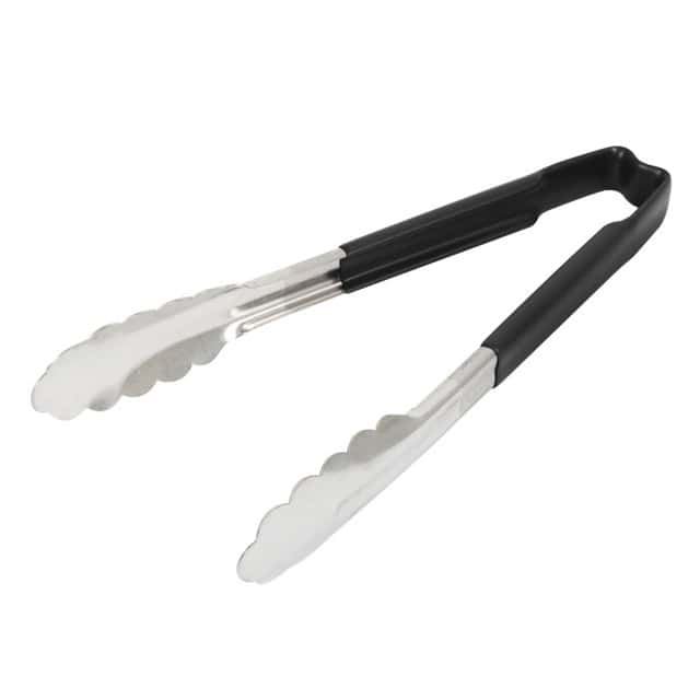 0055400_1.jpg Tongs for food handling and serving, black and transparent handles, commercial kitchen utensils, hygienic food contact tools for restaurants and catering.