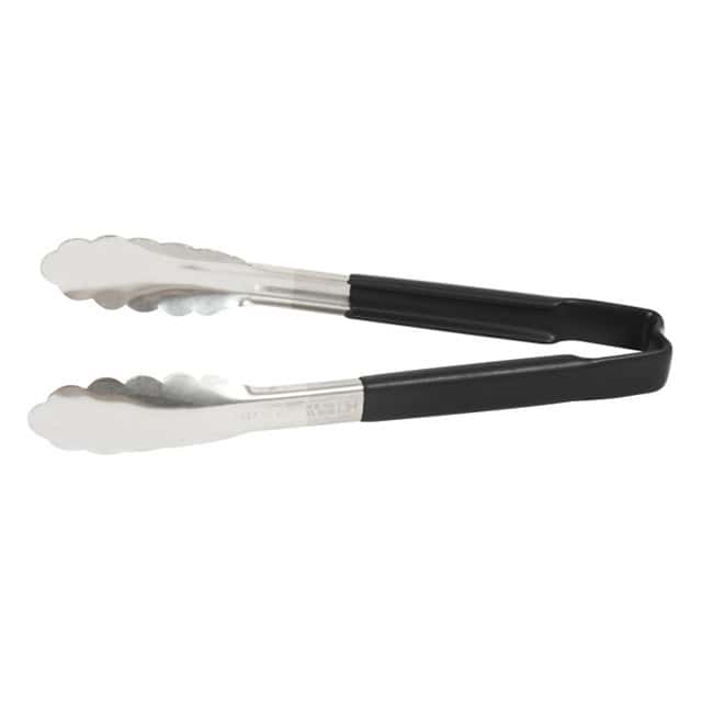 0055400_2.jpg Stainless steel and black plastic food tongs for serving and handling food items.