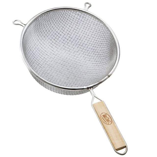 Stainless steel fine mesh strainer for kitchen cooking and food preparation.