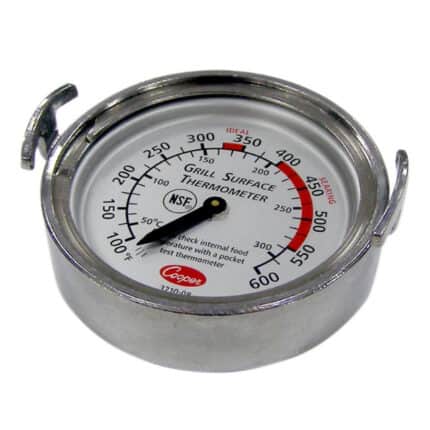Thermometer for grilling and food safety in commercial kitchens, featuring a stainless steel surface and temperature range 50°C to 600°F.