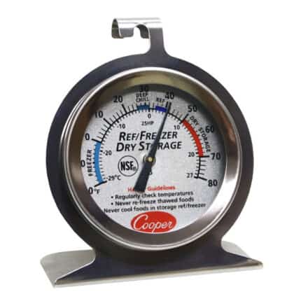 Refreezer thermometer for temperature monitoring in dry storage.