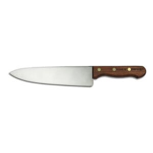 High-quality chef's knife with wooden handle for professional culinary use and food preparation.