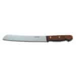 Serrated kitchen knife with wooden handle for precise cutting and cooking tasks.