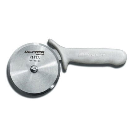 Dexter stainless steel pizza cutter with ergonomic handle, ideal for commercial and professional kitchens. Perfect for food service, sanitation, and hygiene standards in Asia.