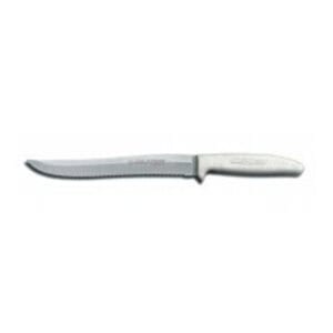 Stainless steel kitchen knife with a white handle, ideal for food preparation and culinary tasks.