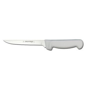 Dexter stainless steel kitchen utility knife with grey ergonomic handle.
