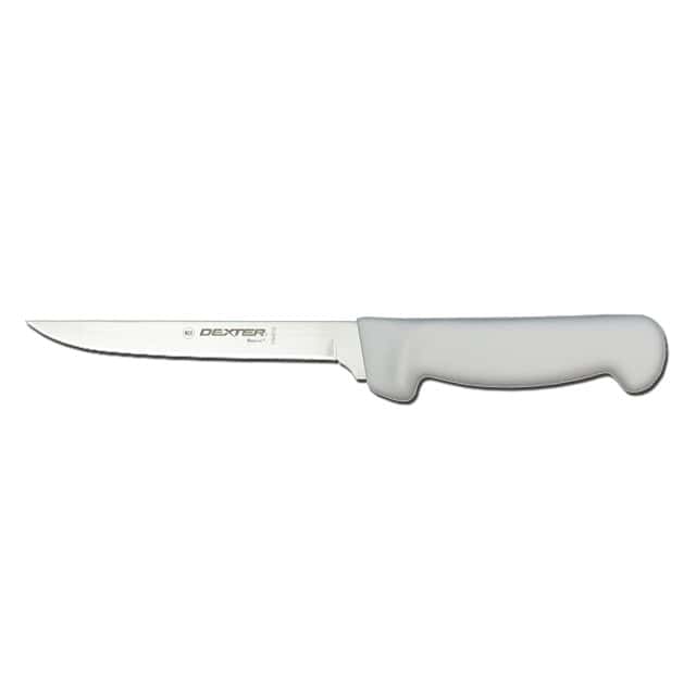 Dexter stainless steel kitchen utility knife with grey ergonomic handle.