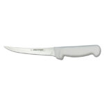 Stainless steel kitchen knife with white handle for food preparation and cooking.