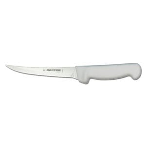 Stainless steel kitchen knife with white handle for food preparation and cooking.