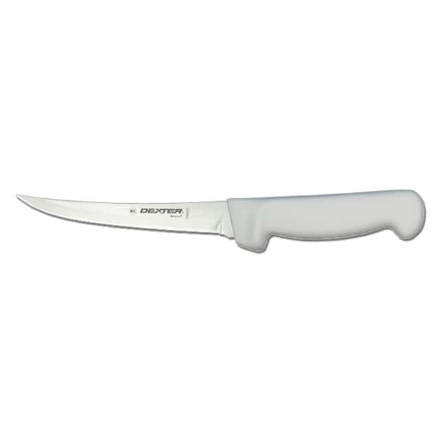 0065585_1.jpg Stainless steel kitchen knife with white handle for food preparation and cooking.