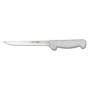 Stainless steel kitchen knife with white ergonomic handle, ideal for meal prep and food safety.