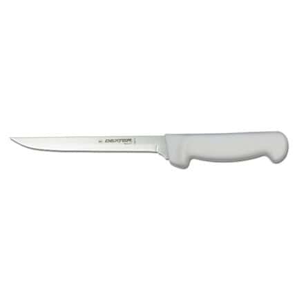 Stainless steel kitchen knife with white ergonomic handle, ideal for meal prep and food safety.