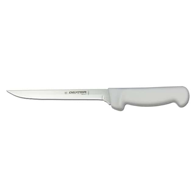 Stainless steel kitchen knife with white ergonomic handle, ideal for meal prep and food safety.