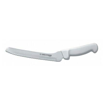 Plastic serrated bread knife for kitchen and bakery use, sleek design.