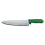 Sharpened kitchen chef’s knife with green handle, perfect for cooking and food prep in professional or home kitchens.