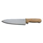 Stainless steel chef's knife with a brown ergonomic handle for professional kitchen use.