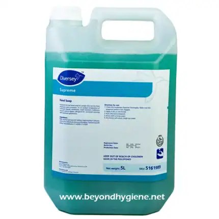 Hand sanitizer liquid with teal color, 5L container for hygiene and disinfecting surfaces.