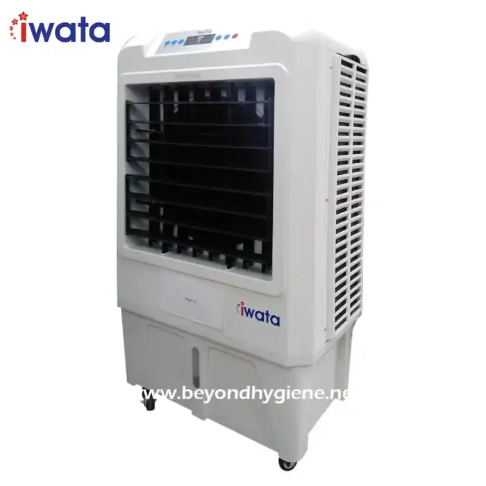Portable white evaporative cooler with black vents, branded Iwata, designed for efficient air cooling and purification solutions for hygiene and sanitation facilities.