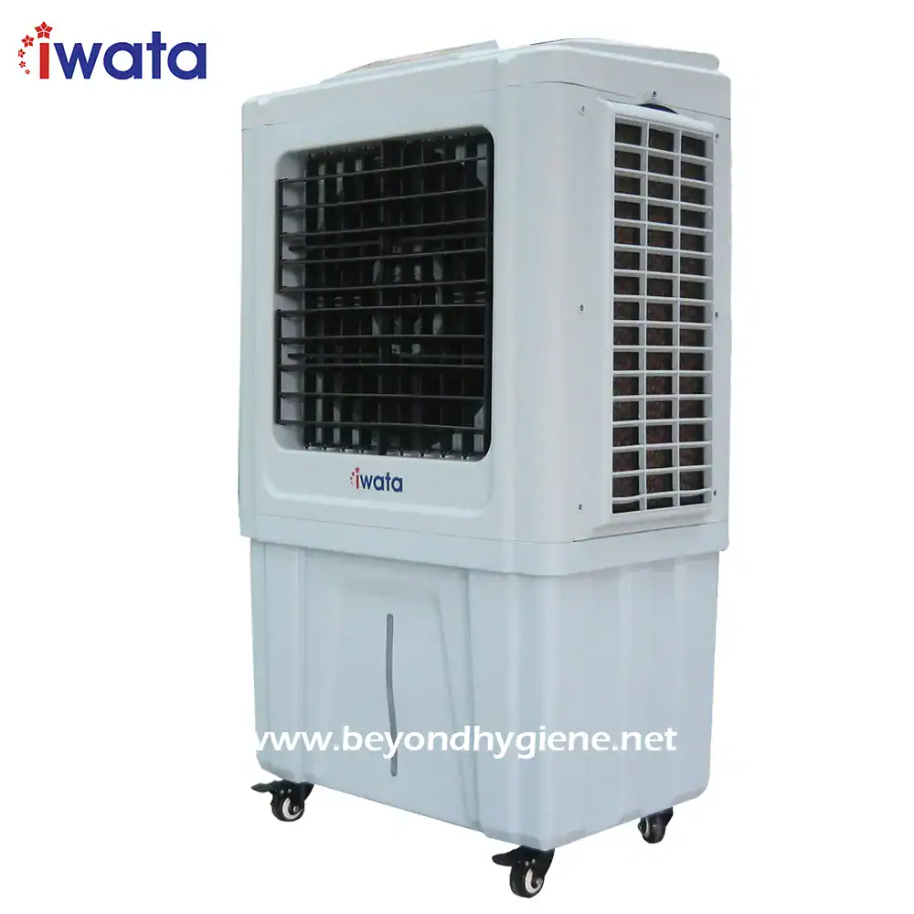 Evaporative air cooler for commercial use, energy-efficient cooling solution by Iwata, suitable for offices and industrial spaces.