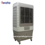 High-capacity portable industrial air cooler with adjustable vents and mobile wheels for enhanced air circulation, ideal for commercial and industrial hygiene environments.