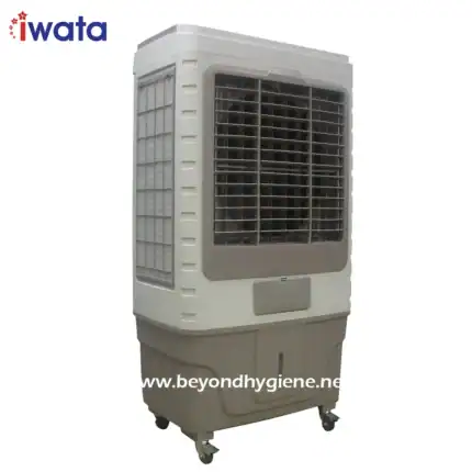 High-capacity portable industrial air cooler with adjustable vents and mobile wheels for enhanced air circulation, ideal for commercial and industrial hygiene environments.