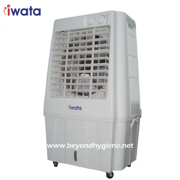 Portable white tower fan with adjustable controls, ideal for cooling and air circulation in commercial and industrial spaces.