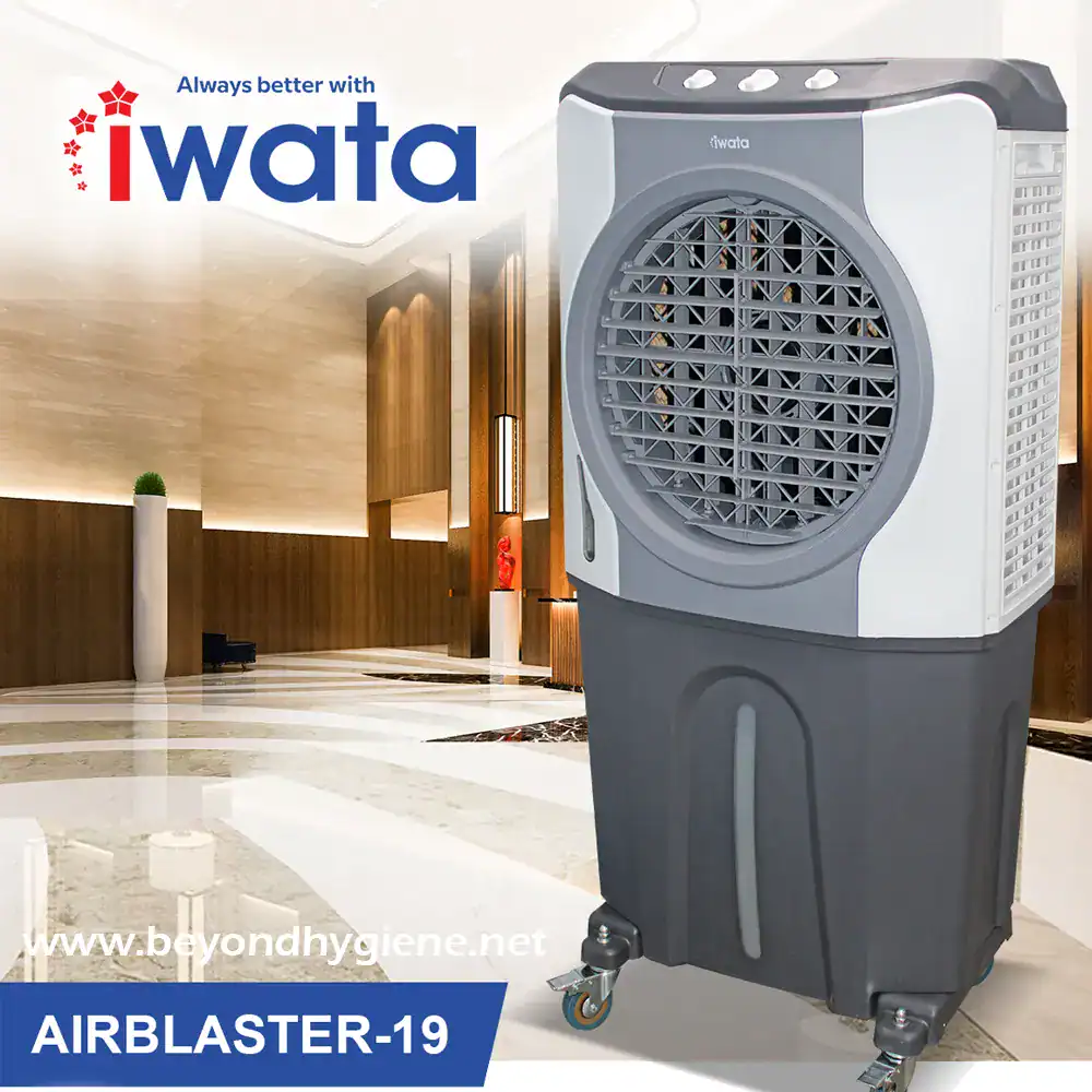 Evaporative air cooler with mobile caster wheels for efficient cooling, ideal for commercial spaces, featuring advanced air filtration and energy-saving operation.