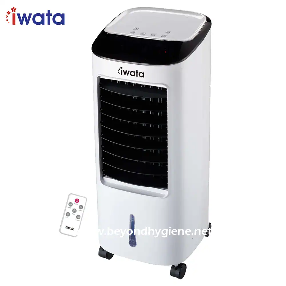 Portable evaporative air cooler by Iwata, ideal for cooling indoor and outdoor spaces, energy-efficient and easy to operate. Perfect for clean air in commercial hygiene environments.