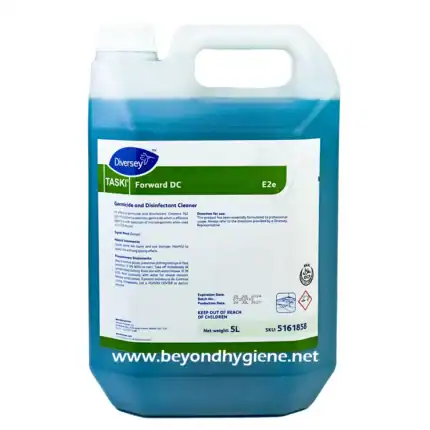 Safe disinfectant cleaner in a 5L container for hygienic sanitization and germ control, suitable for professional use in healthcare, hospitality, and industrial cleaning environments.