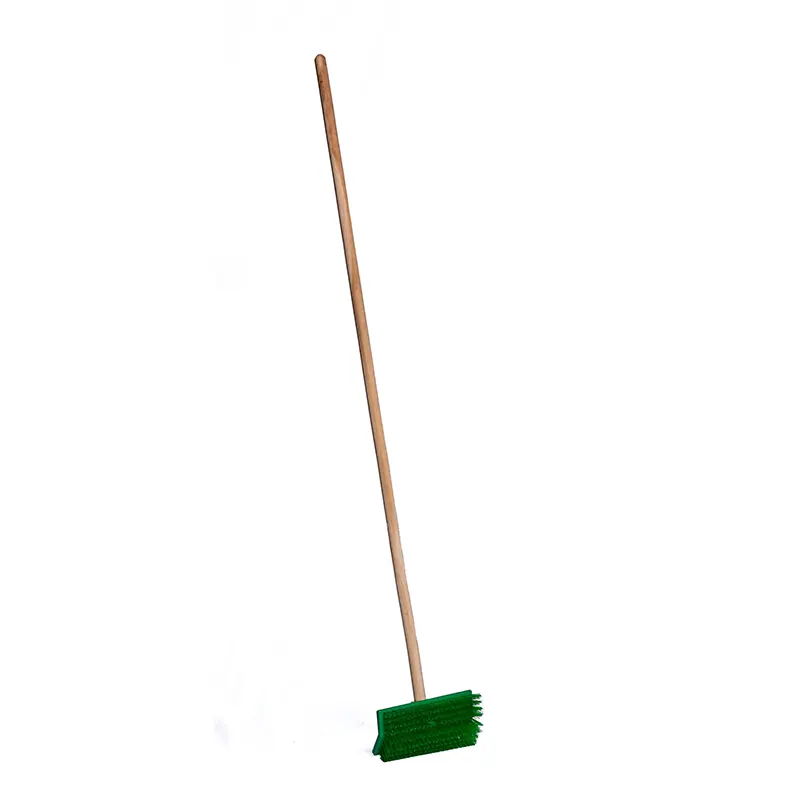 Cleaning broom with green bristles and long wooden handle for sanitation cleaning and hygiene maintenance.