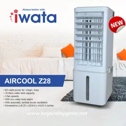 65-watt portable air cooler with 10L water tank, three fan speeds, low water alarm, and vertical louver oscillation for optimal cooling. Ideal for small to medium spaces in Asia.