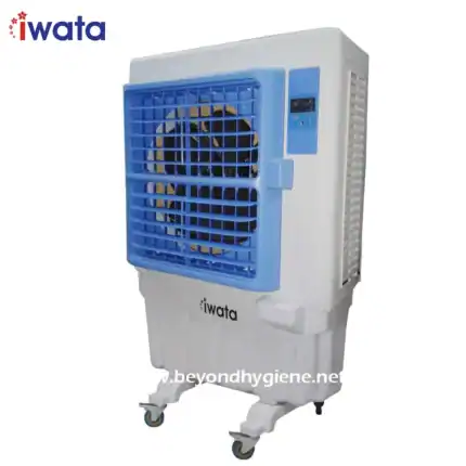 Portable industrial fan with blue grille, designed for climate control and air circulation in commercial spaces.