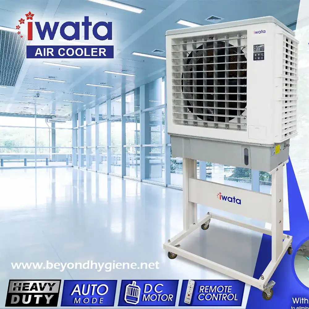 I wata air cooler for commercial and industrial cleaning, heavy-duty, auto mode, DC motor, remote control, suitable for hygiene solutions.