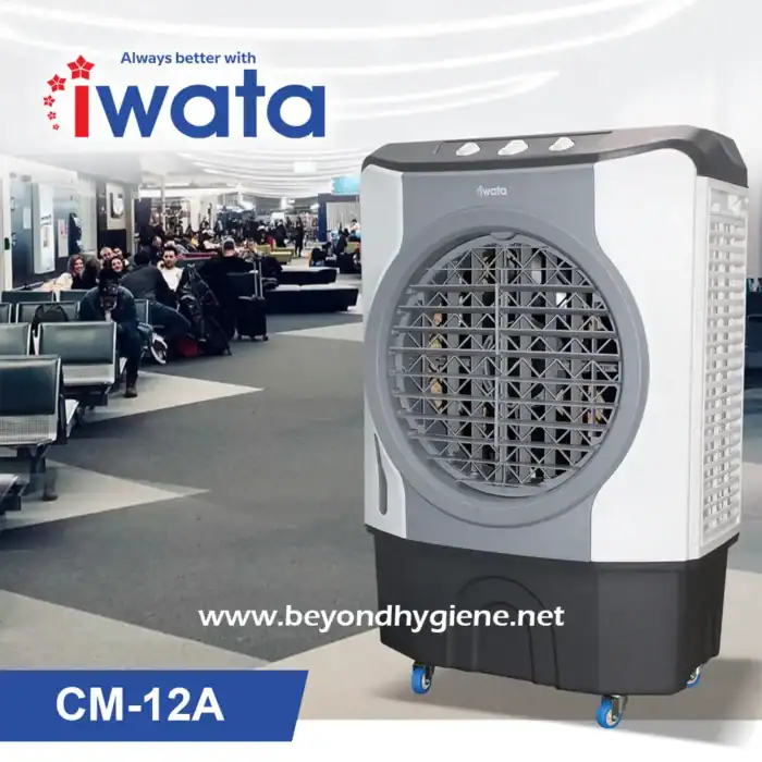 Automatic portable air cooler for commercial and industrial use at airport lounges, hotels, and office spaces. Provides efficient air cooling and improved hygiene in busy environments.
