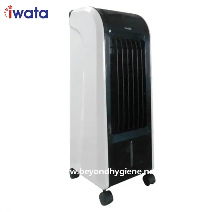 Portable black and white tower fan with adjustable air vents, ideal for commercial and office spaces, enhancing hygiene and air circulation, offered by Beyond Hygiene Asia.
